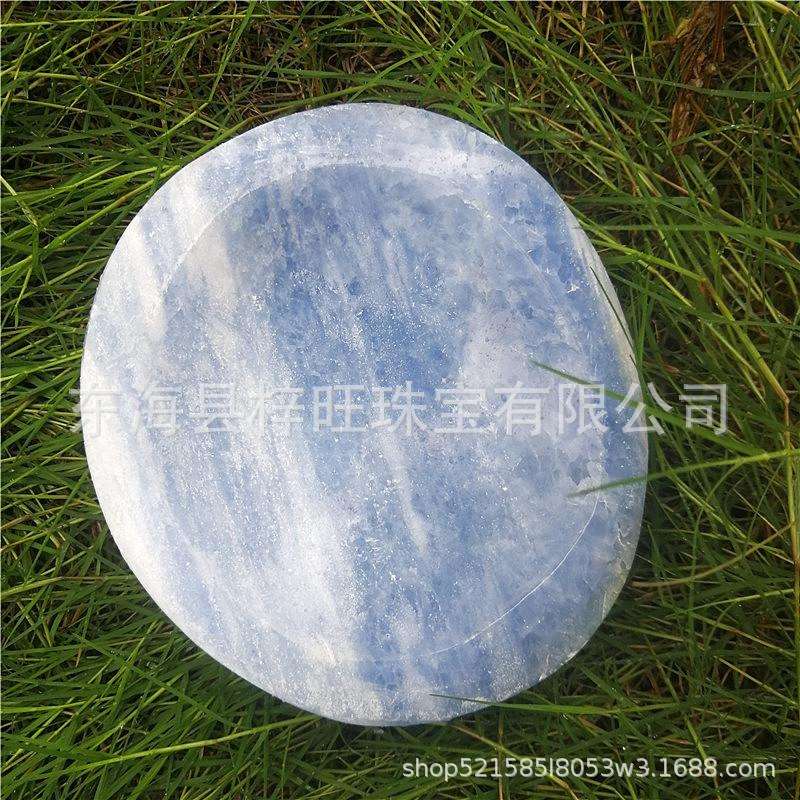 天然水晶蓝晶聚宝盆天青石烟灰缸爱心圆形摆件原石打磨厂家