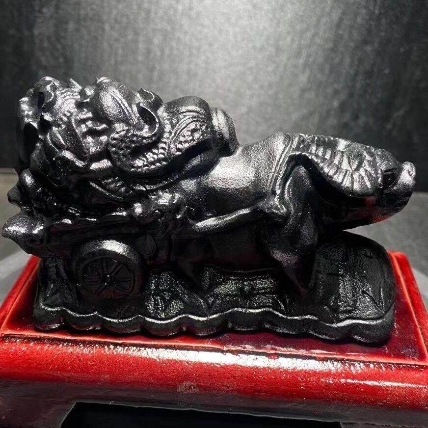天然招财黑牛摆件黑曜石雕刻牛拉元宝白菜风水吉祥物家居装饰摆件