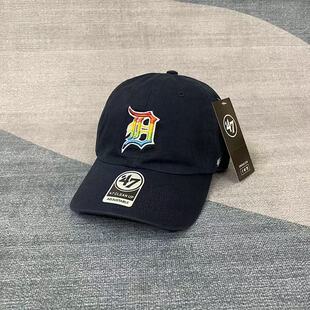 Detroit Tigers底特律老虎队软顶鸭舌帽子D字母藏青色水洗棒球帽
