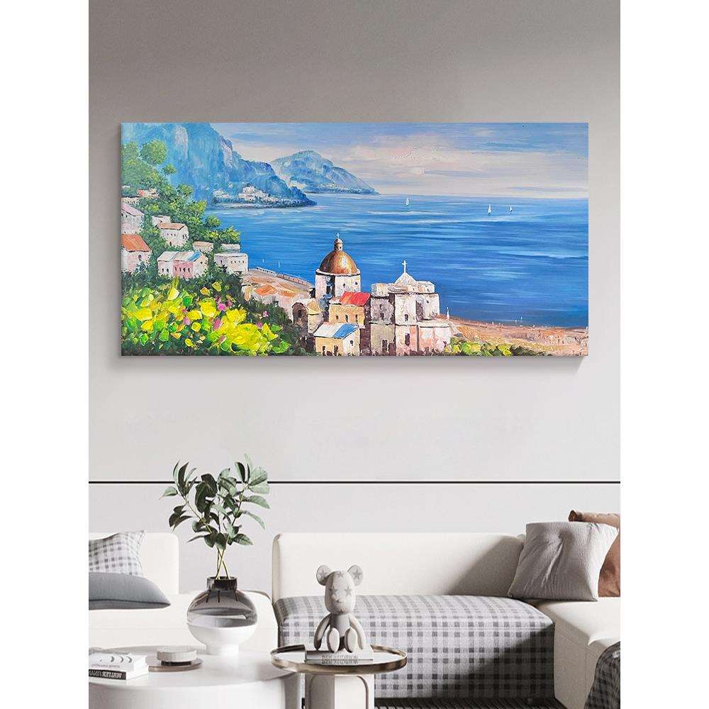 面朝大海春暖花开手绘油画客厅地中海风格装饰画玄关横版风景挂画