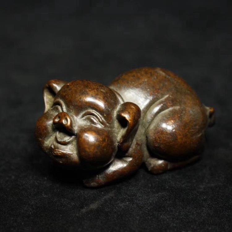 古玩文玩收藏 茶几茶宠装饰 手工铜器红铜紫铜小摆件 生肖猪 大猪