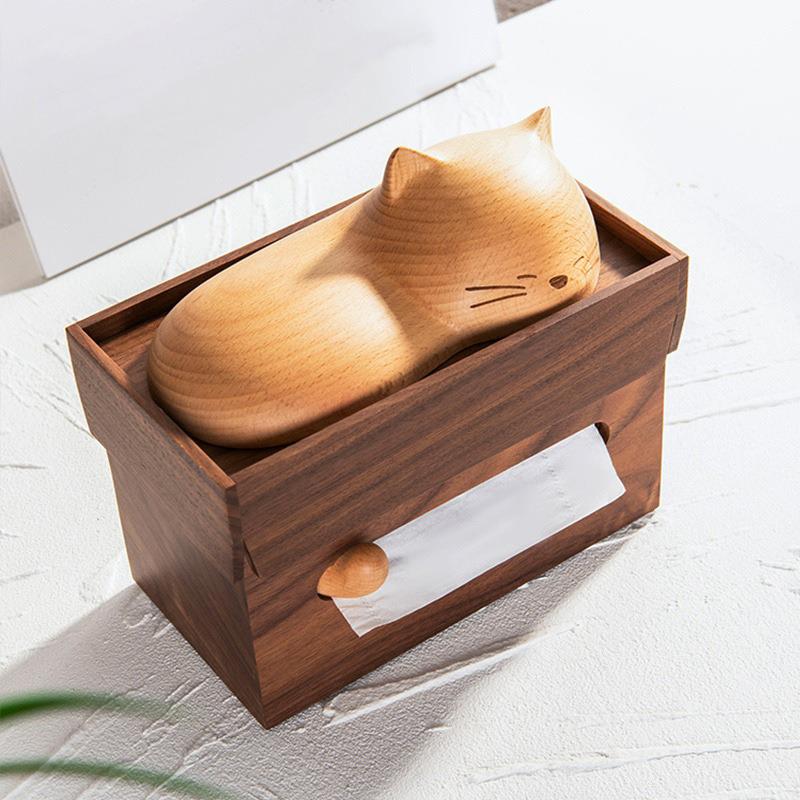 安睡的猫实木纸巾盒侧抽式卡通可爱客厅餐桌抽纸盒大号桌面抽纸盒