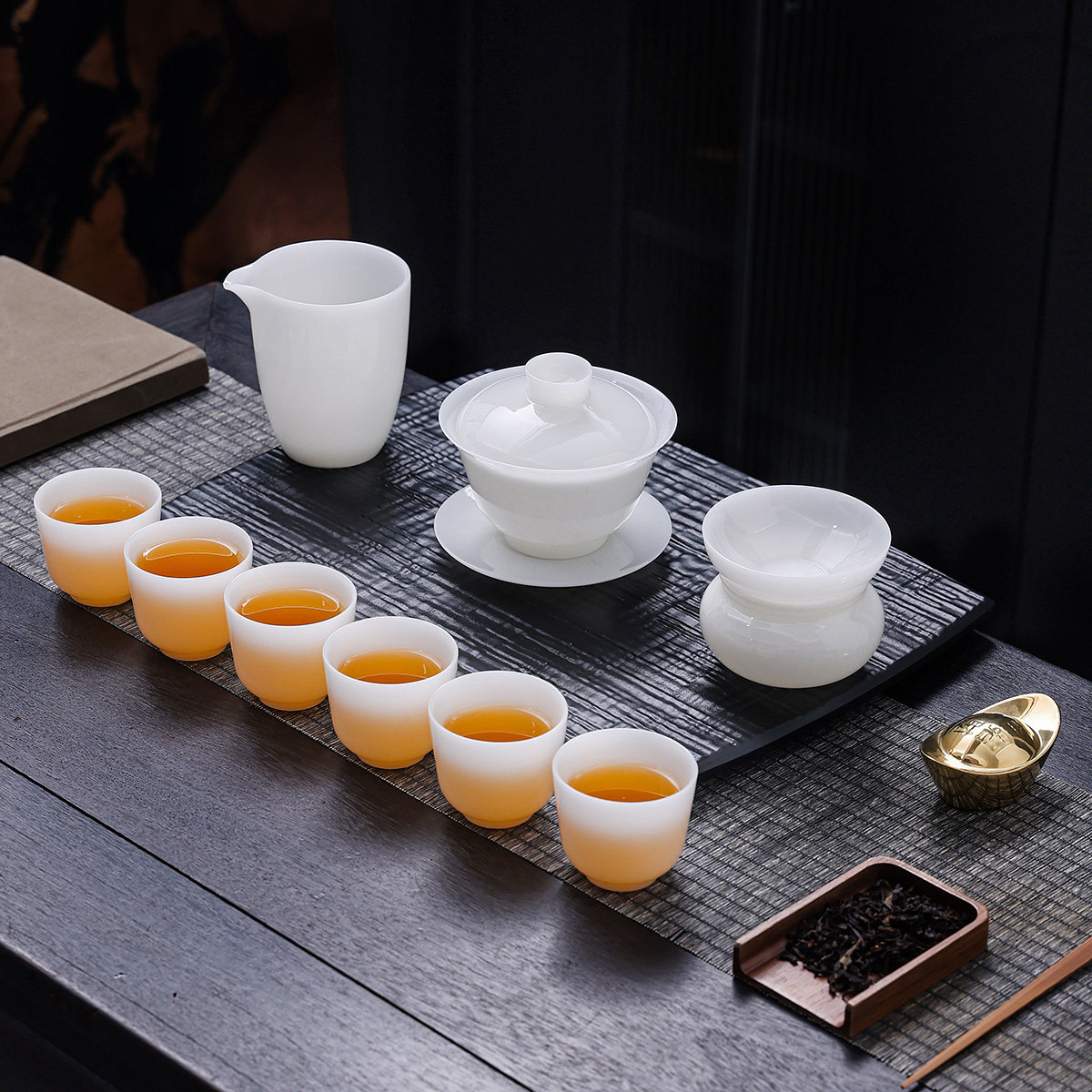 冰种羊脂玉瓷茶具套组盖碗茶杯家用陶瓷功夫茶具泡茶碗陶瓷礼盒装