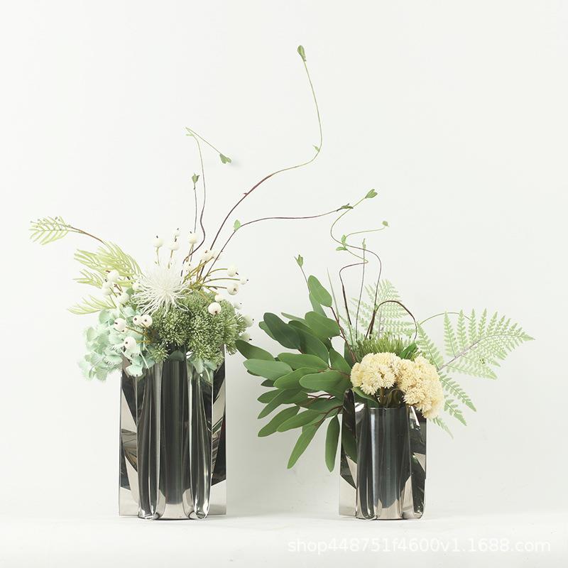 现代简约银色花器花艺装饰品家具店办公室桌面仿真花装饰品工艺品