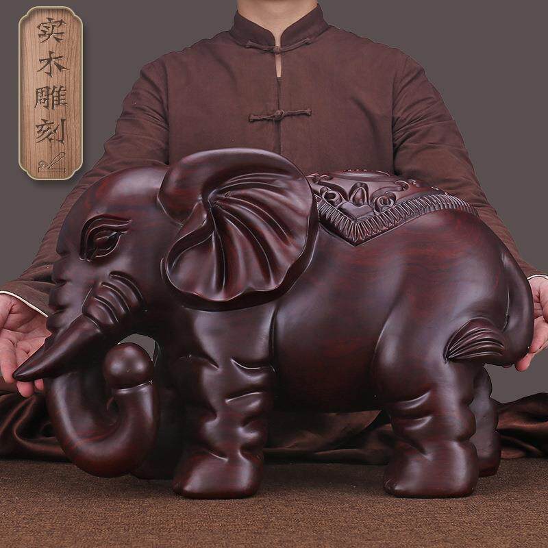 实木雕刻大象摆件一对招财象办公室家居客厅电视柜装饰木质工艺品