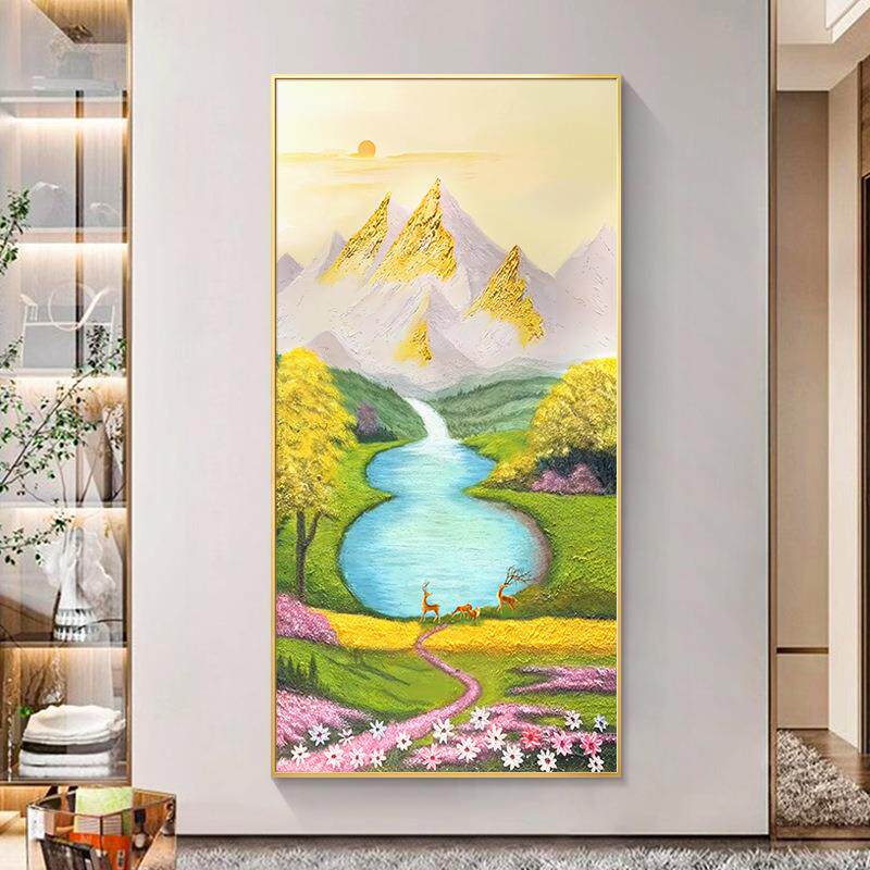 聚宝盆日照金山风景油画玄关装饰画入户迎门墙竖版山水画壁画挂画