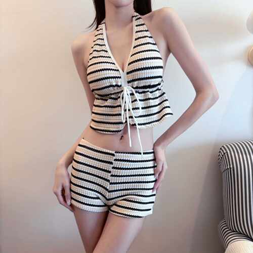 新款条纹ins系带分体两件套复古性感纯欲风比基尼YD9716女度假
