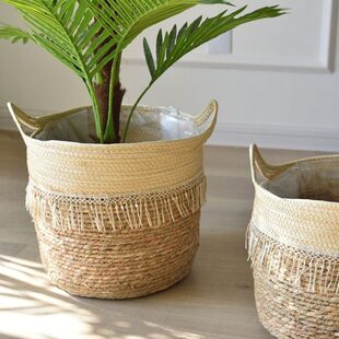 袋花蓝草编花盆竹篮北欧子特大草编花盆花盆竹编藤编花盆篮套编织