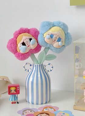 条纹娃家居装饰摆件r花朵baby陶瓷蓝色花瓶y双耳哭花束创意可爱c