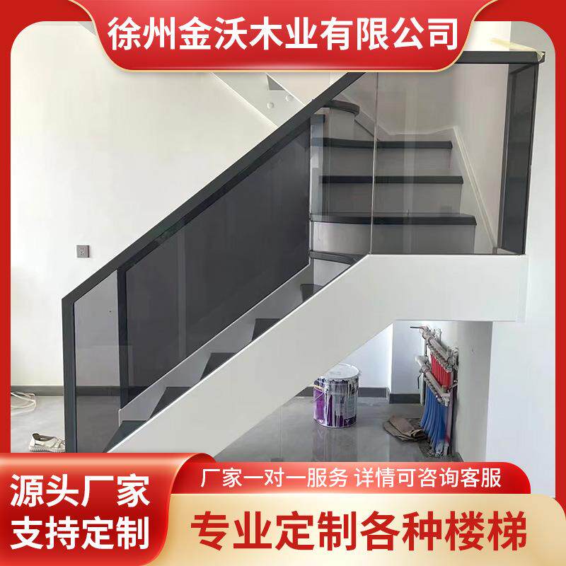 新中式风简约踏步板楼梯台阶多层实木楼梯带扶手极简风公寓阁楼