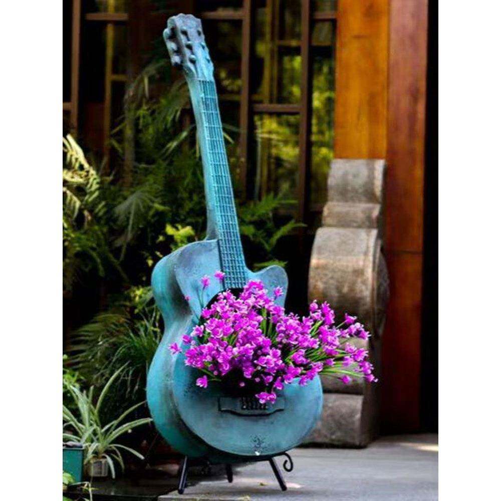 阳台花园户外装饰创意店门口布置吉他花盆覆古做旧琴园艺景观摆件