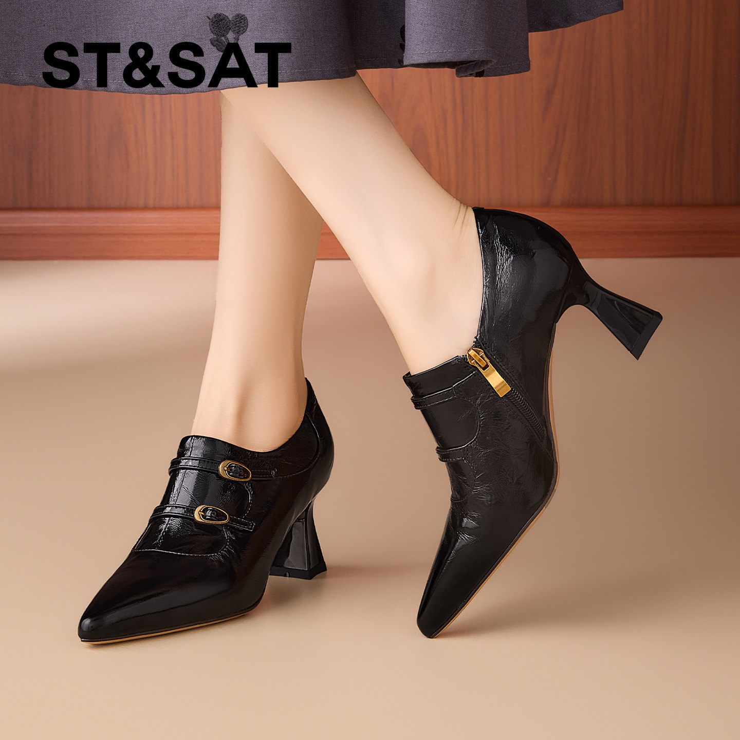 St&Sat/星期六真皮尖头粗跟单鞋黑色短靴女款2026新款气质高跟鞋