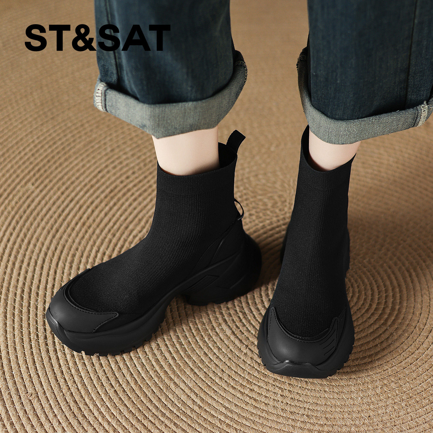 St&Sat/星期六真皮高跟黑色厚底短靴女弹力瘦瘦靴增高英伦风袜靴