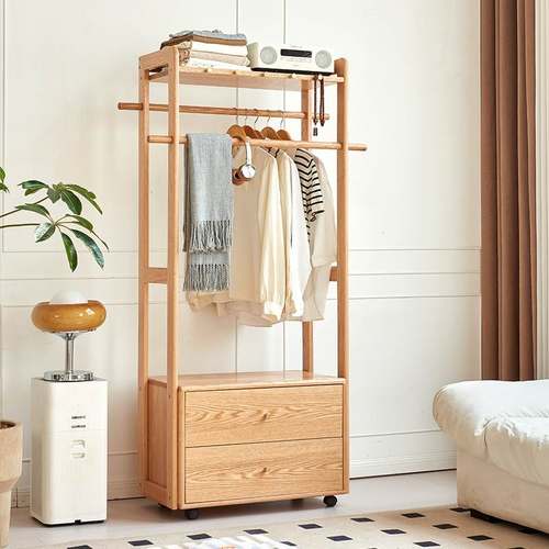 实木橡木床头柜衣帽架挂衣架一体家用简约收纳落地卧室主卧原木色