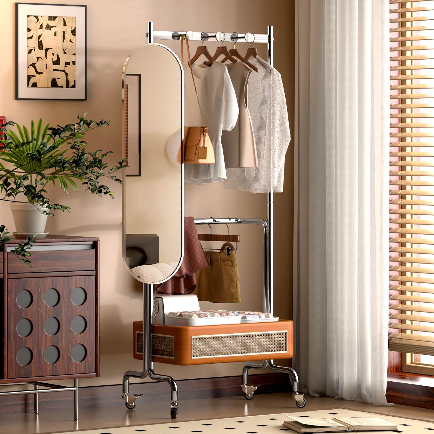 中古藤编卧室落地挂衣架家用穿衣镜衣帽架一体带试衣镜挂衣服架子