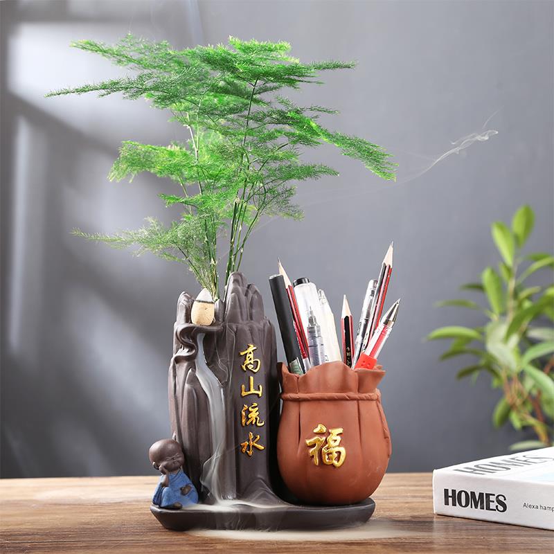 高山流水创意笔筒摆件陶瓷倒流香覆古禅意学生办公室桌面高档收纳