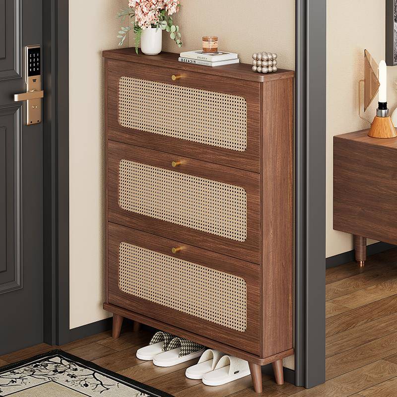 中古风藤编超薄翻斗鞋柜家用门口外楼道一体靠墙小户型极窄收纳柜