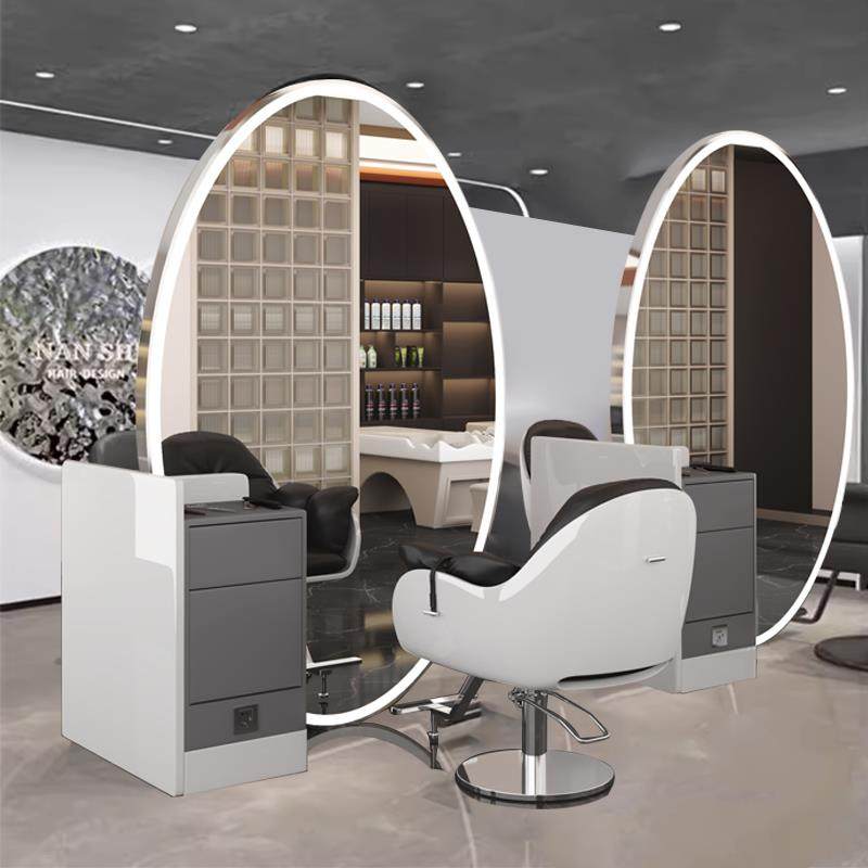 新款网红理发店镜台带灯柜一体落地镜发廊专用美发单双面剪发镜子