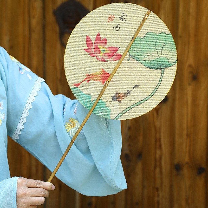 竹制印花扇古风长柄汉服团扇纯手工编织扇国风腰扇青蓖扇夏季蒲扇