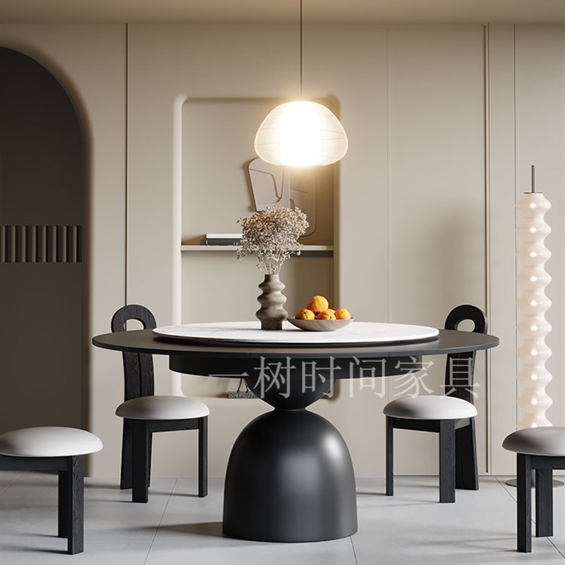 法式复古旋转变径圆桌家用小户型岩板圆形伸缩变形餐桌带转盘定制