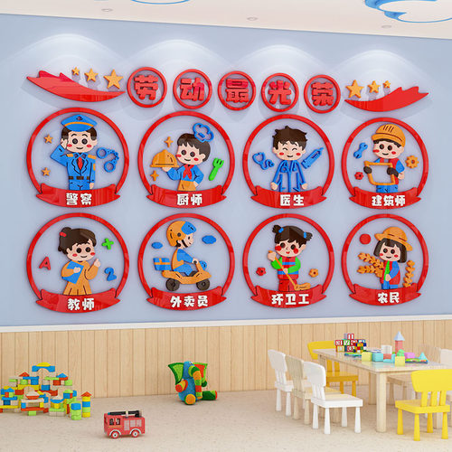 幼儿园劳动职业题环创成品布置材料走廊楼梯教室墙面装饰墙贴画