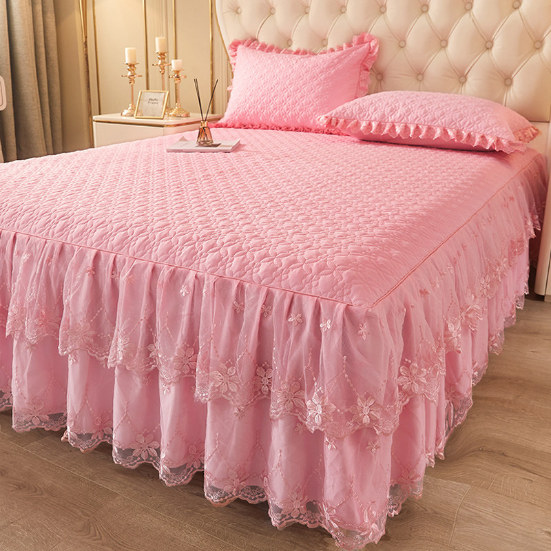 韩式公夹棉床裙单件床罩款纯色蕾丝刺绣边防尘床围裙四季通用