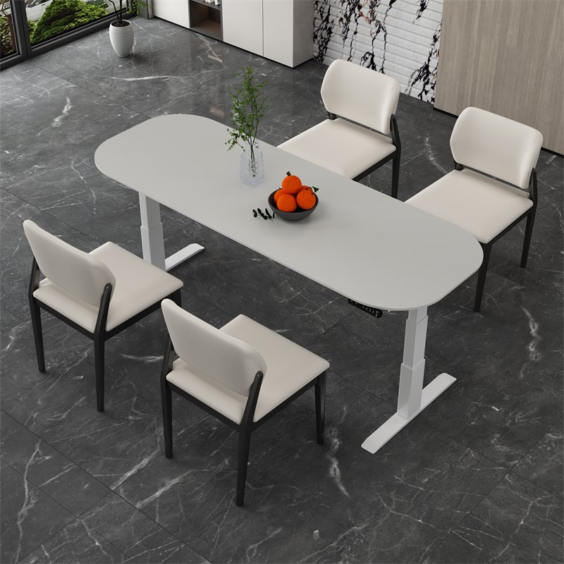 电动升降桌自动纯白色岩板茶几椭圆形奶油风茶几餐桌两用