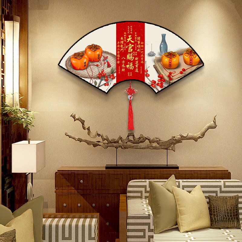 扇形挂画中式餐厅饭店墙面装饰画玄关背景墙柿子图荷花九鱼图壁画图片