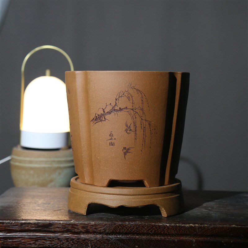 紫砂花盆苏玲降坡泥兰花盆盆景盆刻绘名家盆花鸟精工手工盆带底座