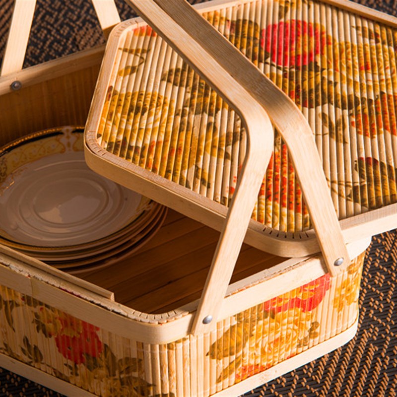 中秋月饼送礼单层六角礼品篮福气牡丹包装竹盒子土特产优质竹篮