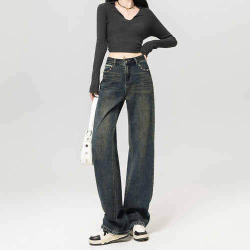 it ccaabb复古潮牌高腰牛仔裤女2025新款宽松显瘦阔腿牛仔裤长裤K
