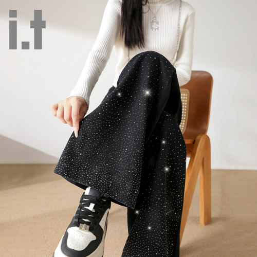 it ccaabb烫钻牛仔裤女春秋新款宽松休闲高腰显瘦小众窄版阔腿裤K