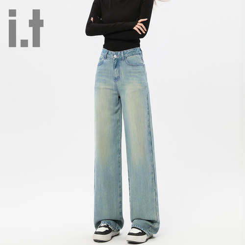 it ccaabb美式复古牛仔裤女秋季高腰宽松显瘦小个子垂感阔腿裤子K