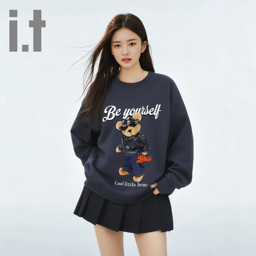 i.t ccaabb【男女同款】美式卡通图案烫画休闲圆领卫衣K