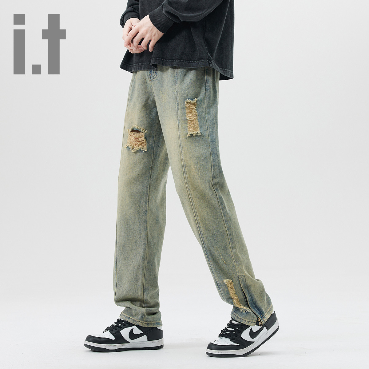 【复古破洞】i.t ccaabb裤脚拉链开叉长裤夏季牛仔裤男K