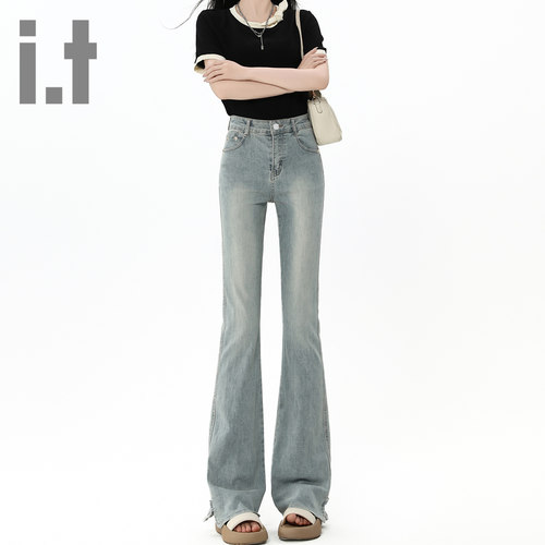 it ccaabb高腰微喇牛仔裤女修身新款百搭显瘦小个子开叉喇叭裤子K
