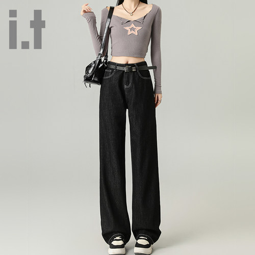 it ccaabb美式复古窄版阔腿牛仔裤女春秋新款黑色高腰直筒长裤子K