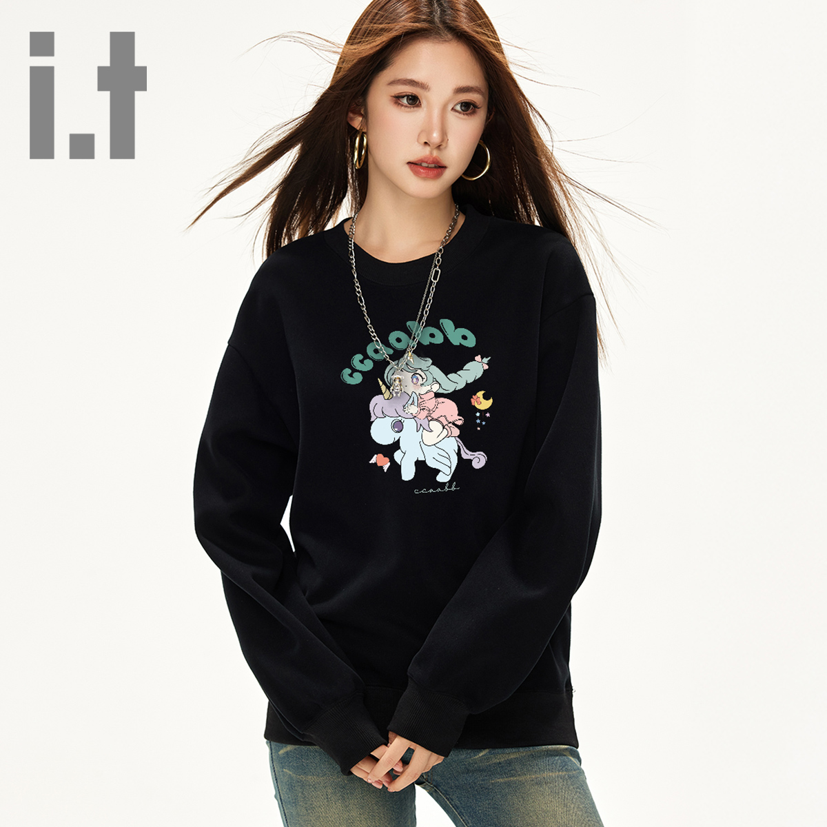 it ccaabb秋冬一体绒圆领卫衣女时尚百搭宽松小马加厚印花上衣K