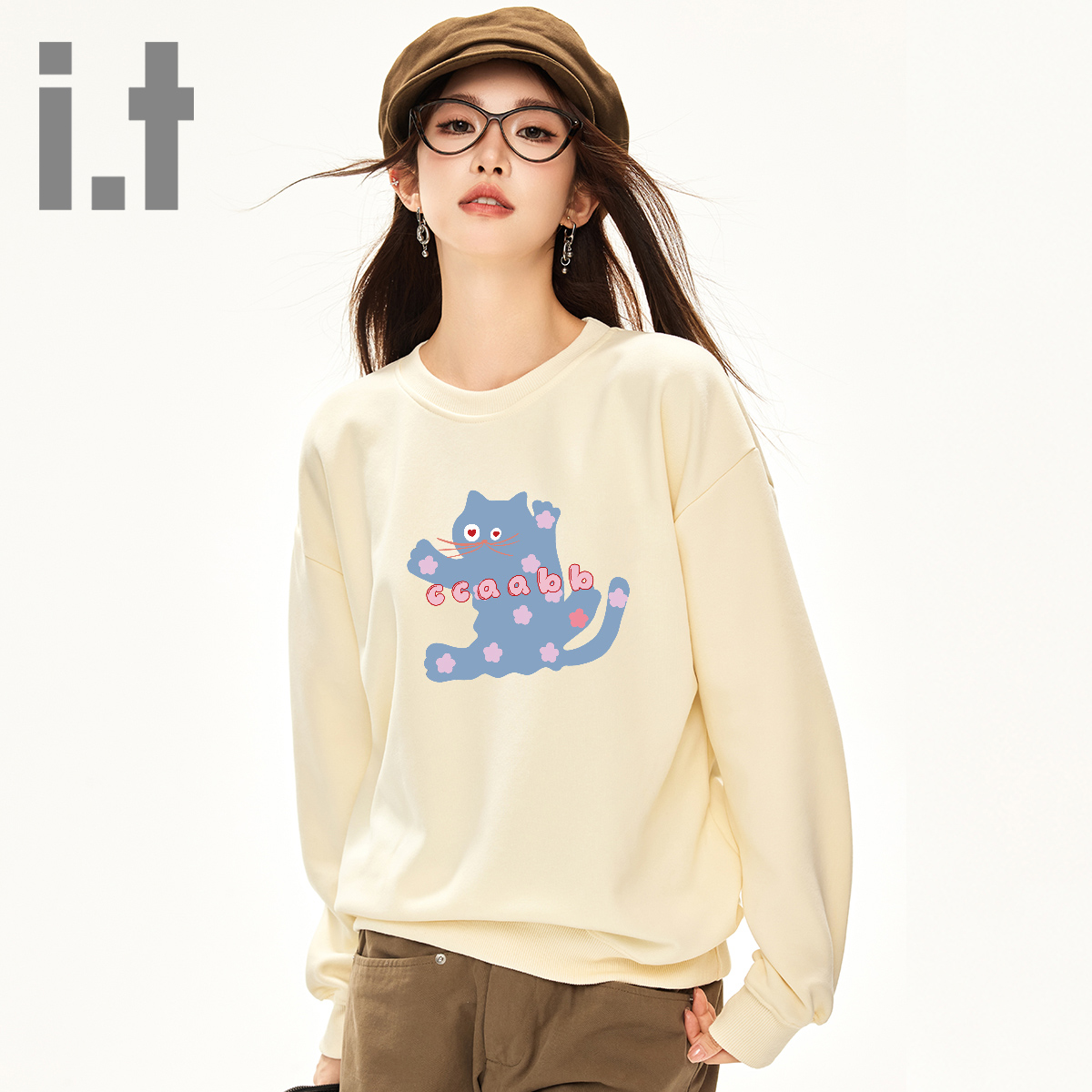 it ccaabb新中式小猫咪圆领卫衣春秋季加厚小众设计感宽松上衣K