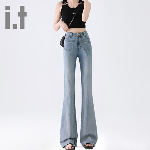 it ccaabb春秋新款甜酷风高腰微喇牛仔裤女修身弹力百搭喇叭裤子K