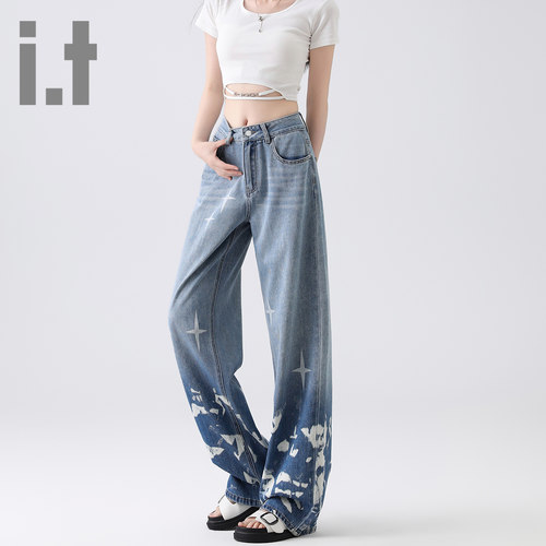 it ccaabb春秋复古直筒牛仔裤女显瘦个性星星印花宽松显瘦阔腿裤K