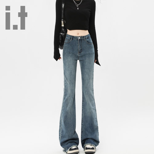 it ccaabb美式高腰微喇牛仔裤女修身弹力显瘦毛边喇叭裤马蹄裤K