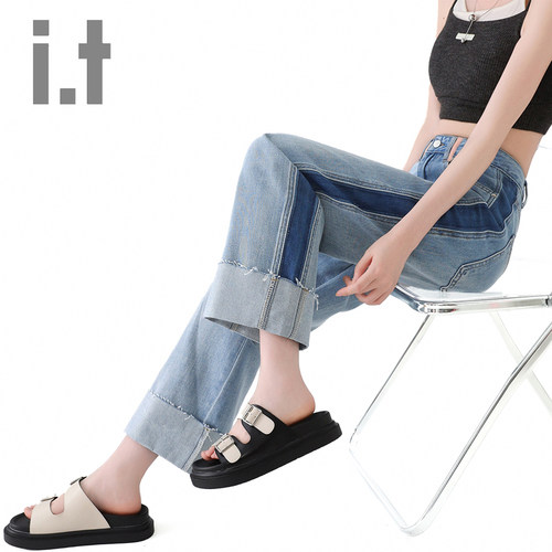 it ccaabb宽松直筒高腰休闲牛仔裤女2025夏季新款撞色长裤子潮版