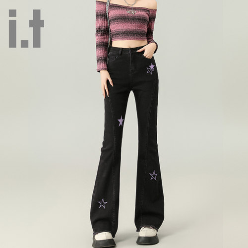 it ccaabb高腰微喇牛仔裤女修身星星设计感百搭精致显瘦喇叭裤K