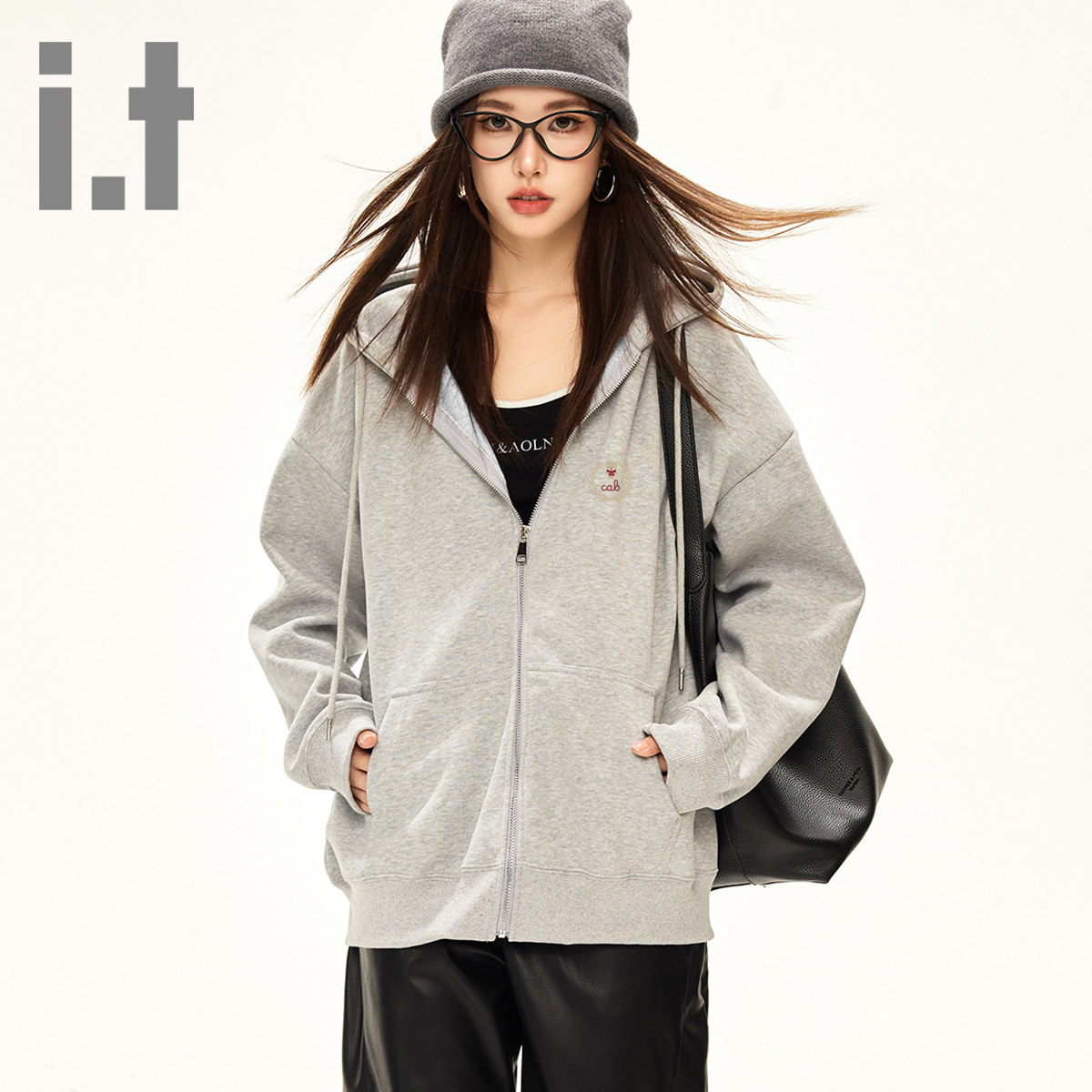 it ccaabb加绒连帽卫衣女开衫一体绒上衣外套女士休闲拉链慵懒风K