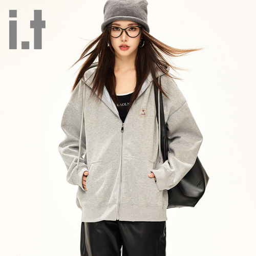 it ccaabb加绒连帽卫衣女开衫一体绒上衣外套女士休闲拉链慵懒风K