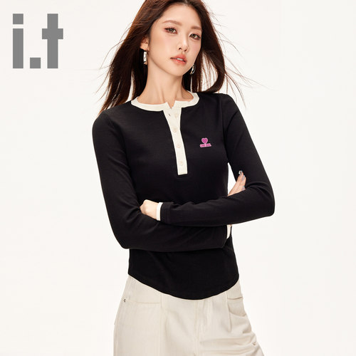 it ccaabb小众撞色设计感长袖T恤打底秋季圆领修身内搭休闲上衣K