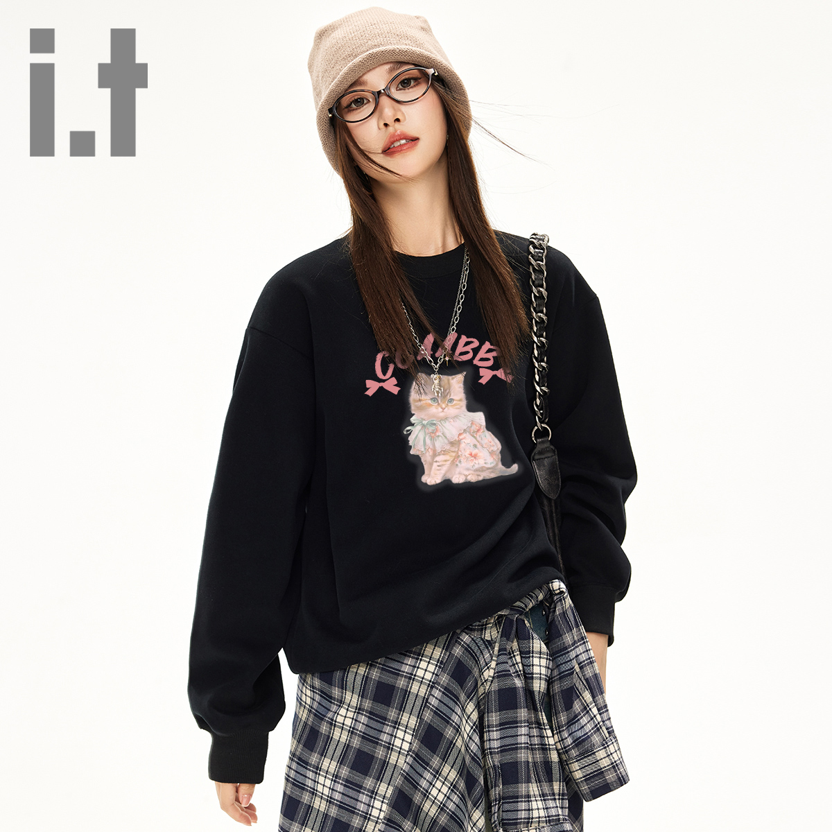 it ccaabb长袖卫衣套头休闲可爱小猫印花春秋新款女休闲上衣女装K