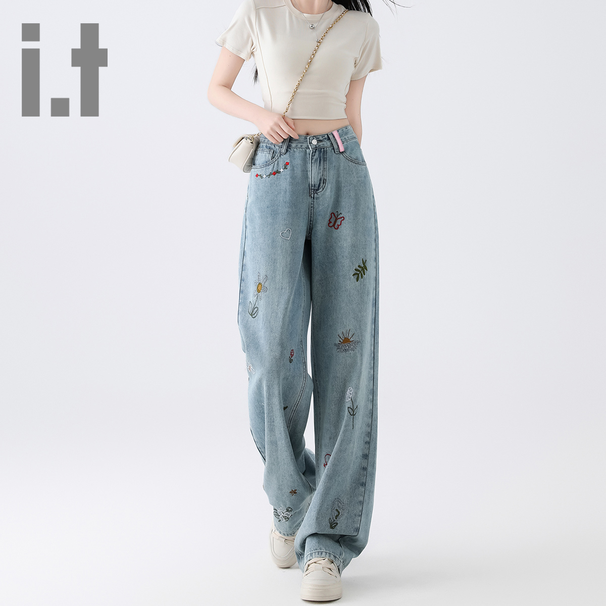 刺绣田园风阔腿牛仔裤女