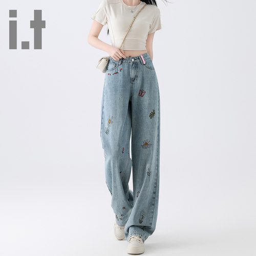 刺绣田园风阔腿牛仔裤女